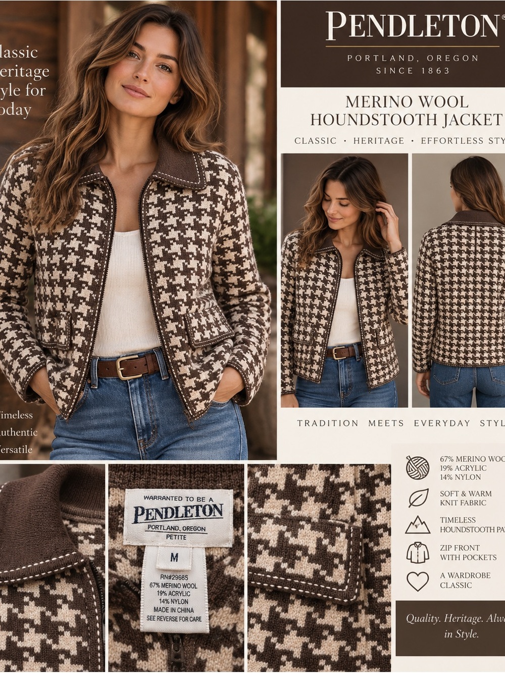 Pendleton Brown & Cream Houndstooth Merino Wool Jacket